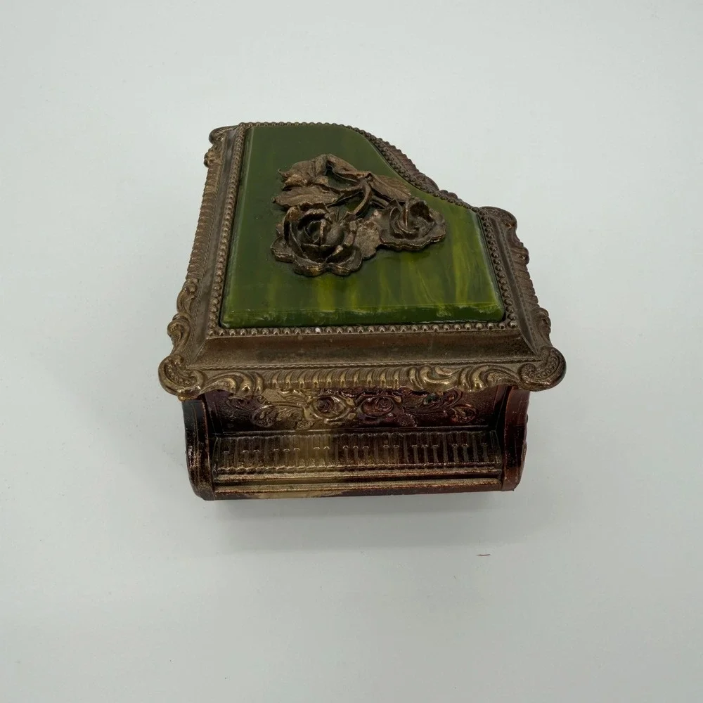 Vintage Mele Piano Jewelry Box Green Lucite Lid Ornate Rose Metal Trinket Japan